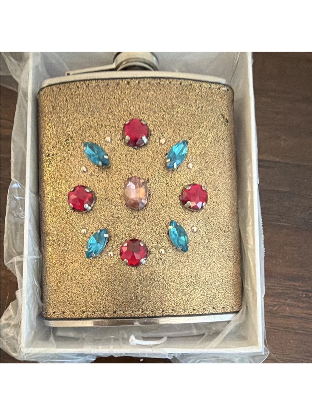 Neiman Marcus Gold Jeweled Flask with Red, Blue and Pink Gem Accents